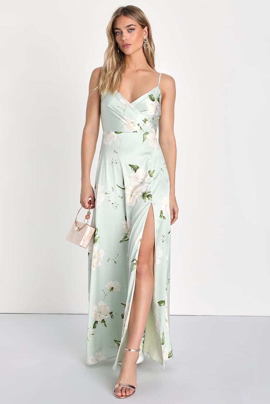 NWT Lulus Radiant Occasion Light Green Floral Satin A-Line Maxi Dress Resort 2X